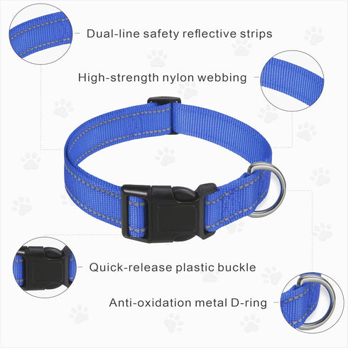 Durable Reflective Nylon Dog Collar with Adjustable Safety Buckle, Suitable for Small, Medium, Large Dogs,Blue, M...