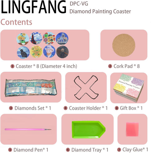 LINGFANG 8 Pcs Diamond Painting Coasters Kits, Van Gogh Sunflowers DIY Diamond Art with Holder & Cork Pad Non Slip Coaster for Beginners, Diamond ...