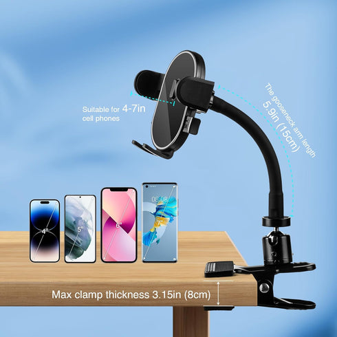 Clip Phone Holder for Desk,Table,Desktop Baffle,Flat Surface,Strong Pipe,Pole,Music Stand,with 360°Adjustable Gooseneck Arm Cell Phone Clamp Mount...