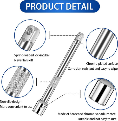 3Pcs 1/4inch Socket Extension Set, Drive Extension Bar Set Includes 2''/50mm, 4''/100mm, and 6''/150mm Inch Extensions Chrome Vanadium Steel Durab...