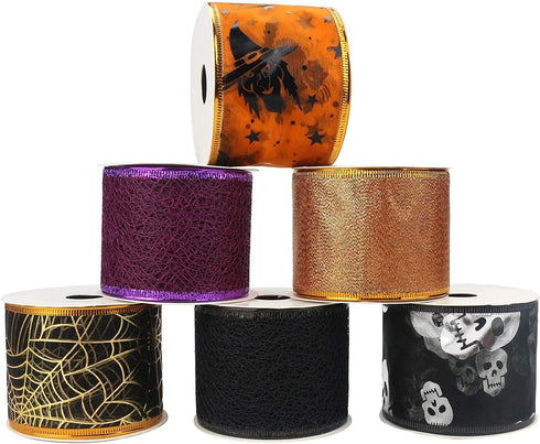 MEEDEE Halloween Ribbon - 6 Rolls, 36 Yards, Wired, Purple, Orange, Black, Skull Pattern...