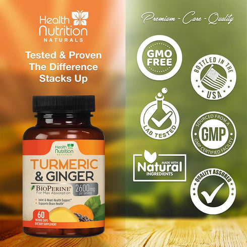 Turmeric Curcumin with BioPerine & Ginger 95% Curcuminoids 2600mg - Natural Joint & Heart Support, Black Pepper for Max Absorption - Health Nutrit...