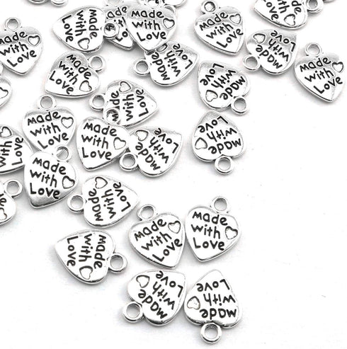 heyous 100pcs Heart Shape Charms Handmade Metal Labels Printed Made With Love Tag Labels Carving DIY Craft Necklace Bracelets Keychain Jewelry Mak...