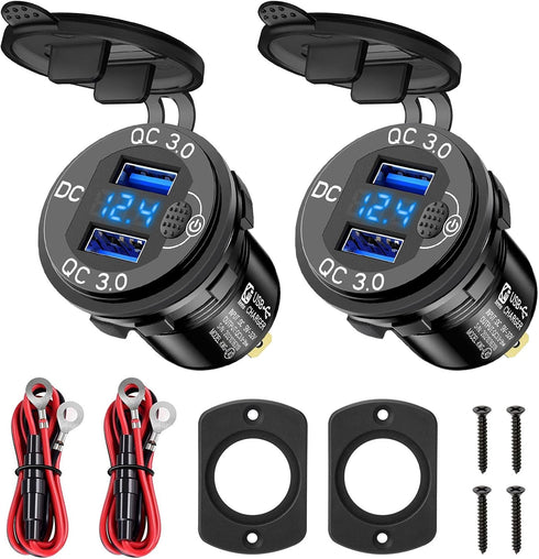 Linkstyle 2PCS 12V USB Outlet, 18W Quick Charge 3.0 Dual USB Power Outlet with ON/Off Switch & Blue LED Voltmeter for Car Boat...