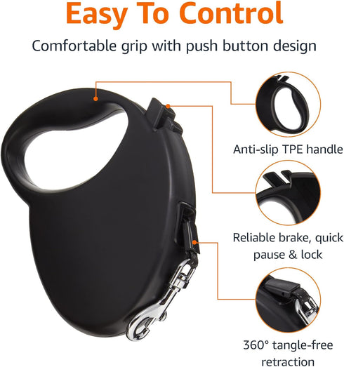 Amazon Basics Retractable Dog Leash, Small - 16ft, Black...