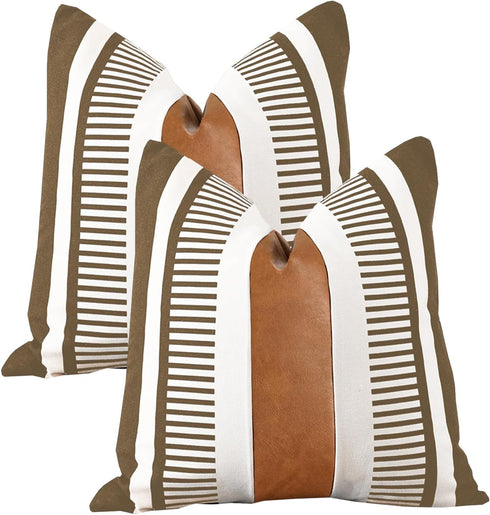 Pack of 2 Farmhouse Decorative Throw Pillow Covers 18x18 Modern Faux Leather Accent Cushion Cover,Rustic Stripe Pillowcase for Living Room Sofa Be...
