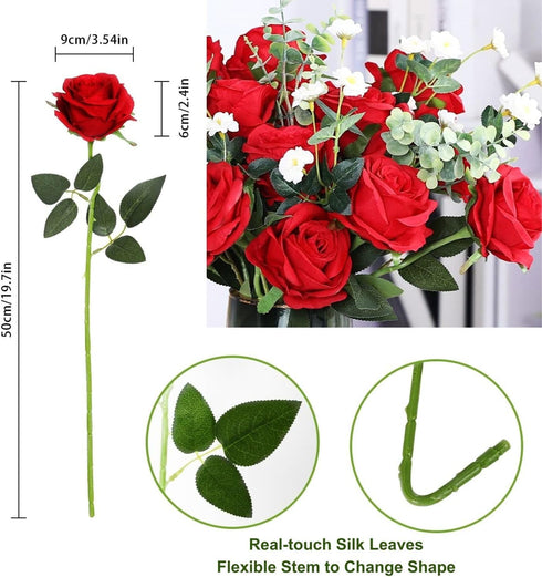 JUSTOYOU 10Pcs Artificial Roses Flowers, Realistic Blossom Roses, Real Touch Silk Rose, Single Fake Flower Long Stem Bouquets for Home Wedding Par...