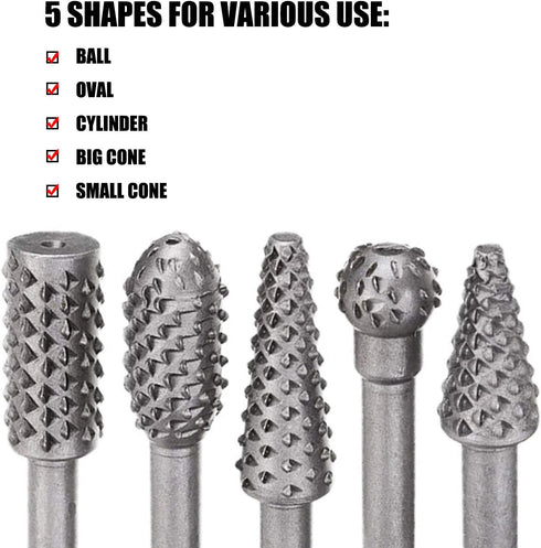 5 PCS Rotary Drill Bit Set Woodworking Rasp Wood Carving Bits 1/4” Shank Power Carving Bits Rotary Burr Set...