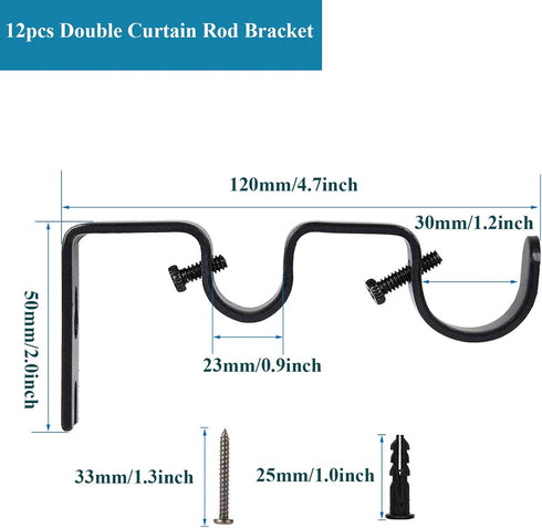 12 PCS Double Curtain Rod Brackets, Heavy Duty Curtain Rod Holder for Double Rod, Black Curtain Rod Hanging Brackets Wall Mount for Home Office...