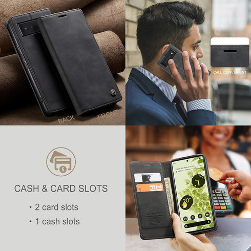 Kowauri for Google Pixel 6 Case,Leather Wallet Case Classic Design with Card Slot and Magnetic Closure Flip Fold Case for Google Pixel 6 2021 (Bla...