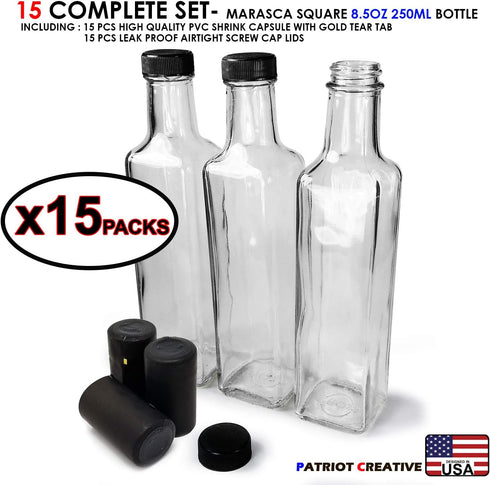 Quadra Bottles 8.5 Oz 15 Sets of Premium Commercial Grade Glass Square Bottle Leak Proof Airtight Plastic Screw Cap Lids Shrink Capsule - European...