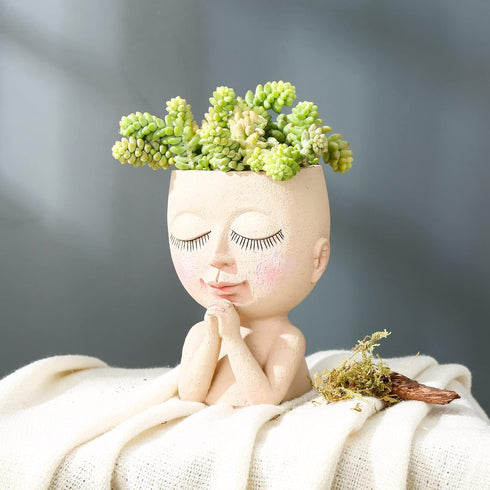 Cute Succulent Planter - Face Planter Flower Pot - Kawaii Head Planters -Unique Outdoor Indoor Planter - with Drainage Hole - (Doll Blessing)...