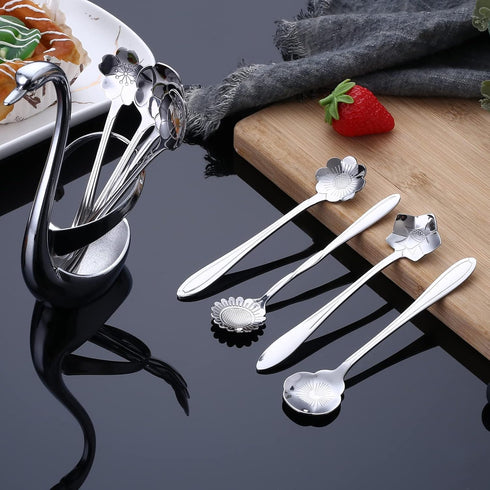 AnSaw Silver Small Swan Base Holder With Silver 8 Pcs Flower Spoon Set,Stainless Steel Reusable Tea Scoops Stirring Spoon Coffee Spoon...