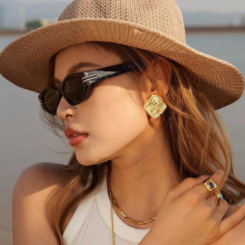 Gold Statement Earrings for Women?Gold Chunky Hollow Square Geometric Textured Trendy Vintage Stud Earrings...