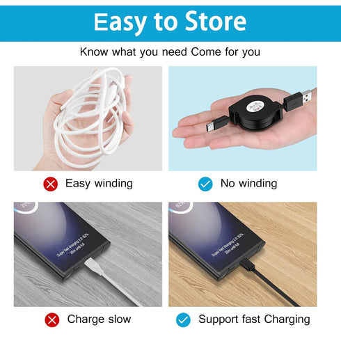 Retractable USB C Cable for Car,3.3ft 3 Pack Android Phone USB C to USB A Cord Fast Charging for Samsung Galaxy S24/S24 Ultra/S24 Plus/S23/S22/A55...