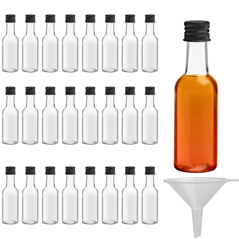 Mini Plastic Bottles with Lids (24 Pack) - Empty 1.7oz Shot Bottles - Small Miniature Bottles for Alcohol, Spirits, Liquor - Funnel Included...