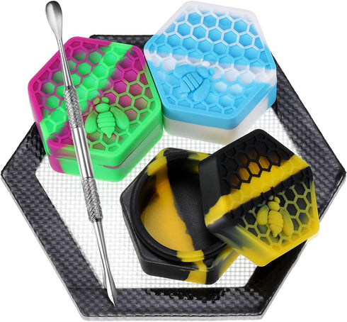 Patelai 5 Pieces Wax Silicone Container Jar Tools Include 26 ml Non Stick Hexagon Honeybee Jar Oil Kitchen Storage Container with 5 Inch Wax Mat P...