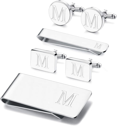 JOERICA 6 PCS Engraved Initial Cufflinks Tie Bar Money Clip Set Shirt Alphabet Letter Wallet Tie Clip and Cufflink Set...