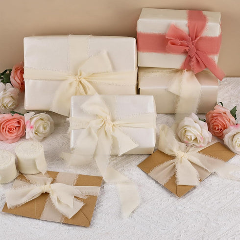 1.57" x 32Yard Chiffon Silk Ribbon Ivory White Ribbons Set 8 Yd x 4 Rolls Fringe Fabric Eco-Friendly for Wedding Invitations, Bridal Bouquets, Dec...