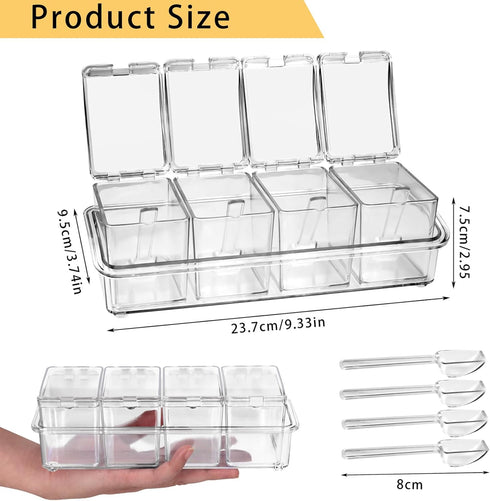 4-Cell Clear Seasoning Rack Spice Box, Storage Container Condiment Jars Acrylic Seasoning Box with Cover and Spoon (Basic Clear)...