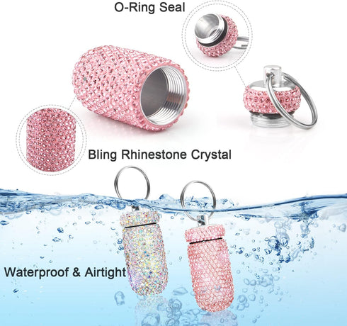2 Pack Portable Pill Case Bling Rhinestone Pill Container Box Waterproof Medication Holder Organizer Bottle with Keychain for Outdoor Camping Trav...