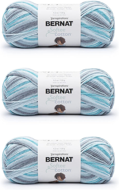 Bernat Softee Cotton Blue Waves Yarn - 3 Pack of 120g/4.25oz - Nylon - 3 DK (Light) - 254 Yards - Knitting, Crocheting & Crafts......