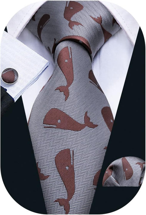 Barry.Wang Fun Animal Ties for Men Designer Handkerchief Cufflink WOVEN Casual Necktie Set Festival...