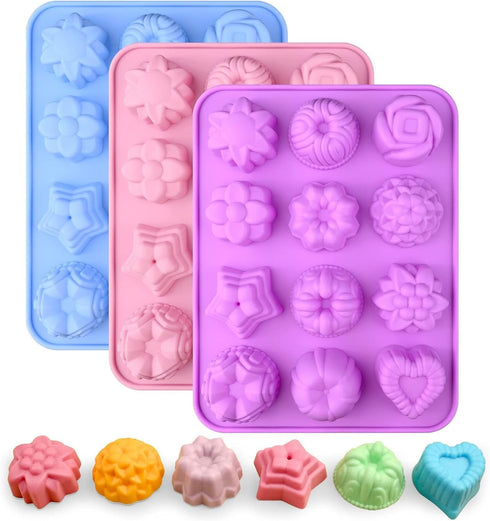 Sakolla 3 Pack Chocolate Flowers Silicone Molds 12 Cavity Flowers Heart Shape Candy Cake Molds for Baking, Cupcake, Jelly, Ice Cube, Muffin...