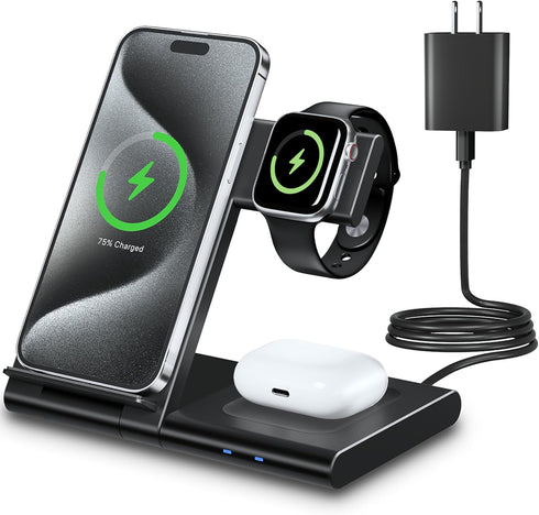 Wireless Charger 3 in 1 Wireless Charging Station for iPhone 15 14 13 12 11 Pro Max XR XS,Fast Wireless Charging Stand Dock for Apple Watch 9 Ultr...