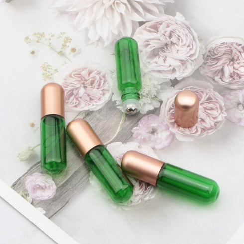 15Pcs Green Glass Roller Bottles 5ml Roll-on Bottles Refillable Empty Rolling Bottles Roller Vials Container for Essential Oil Perfume Skincare, 3...