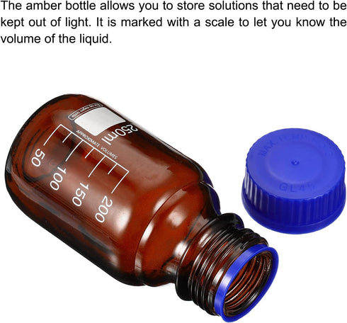 PATIKIL 250mL Reagent Media Bottle, 1Pcs Round Graduated Glass Storage Bottle Blue Screw Cap for Chemistry Lab Universities Home, Amber...