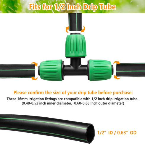 Drip Irrigation Fittings for 1/2 inch Tubing (0.60"-0.63" OD), 12 Pieces Barbed Tee Drip Parts Locked Tee Connectors, 3 Way Drip Line Nuts Connect...