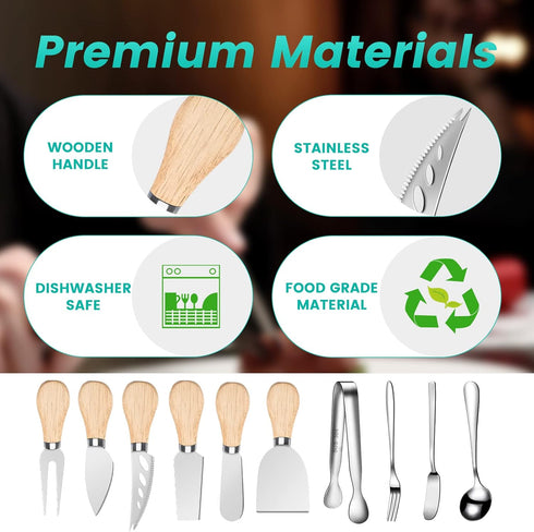 Charcuterie Board Accessories Wooden Cheese Spreader Knive Set, Wood Handle Butter knives For Cheese Kit, Mini Cheese Knife Slicer With Tongs, Spo...