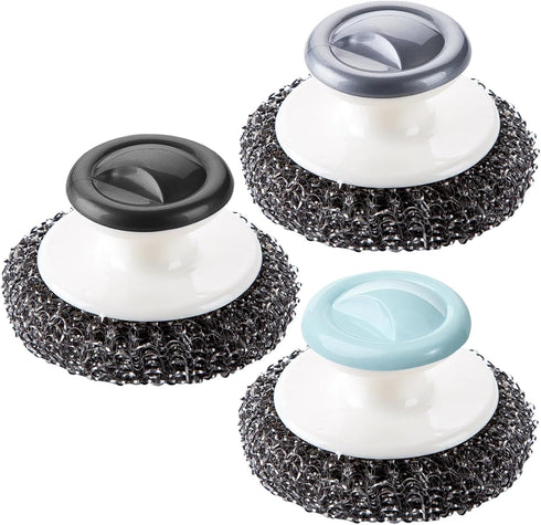 3 Pack Stainless Steel Scrubber with Handle?Heavy Duty Cleaning Supplies for Pots, Pans, Grills, Ovens & Other Tough Jobs (black.grey. blue)...