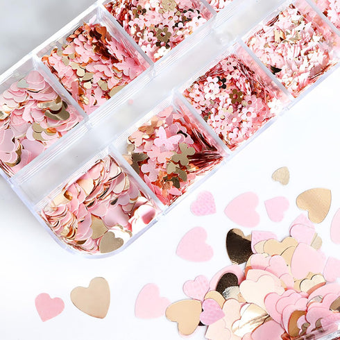 12 Grids Gold Pink Nail Glitter Sequins 3D Cherry Blossoms Butterfly Nail Glitter Flakes Rabbit Love Heart Nail Sequins Supplies Sparky Cute Nail ...