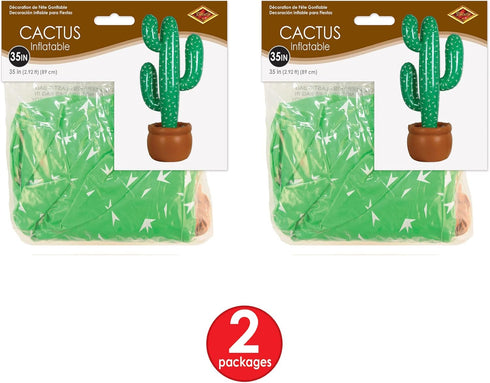 Beistle Pack of 2 Inflatable Cactus Decorations in Green/White/Brown, Wild West Party Decorations, Mexican Cinco de Mayo Party Accessories, 35"...