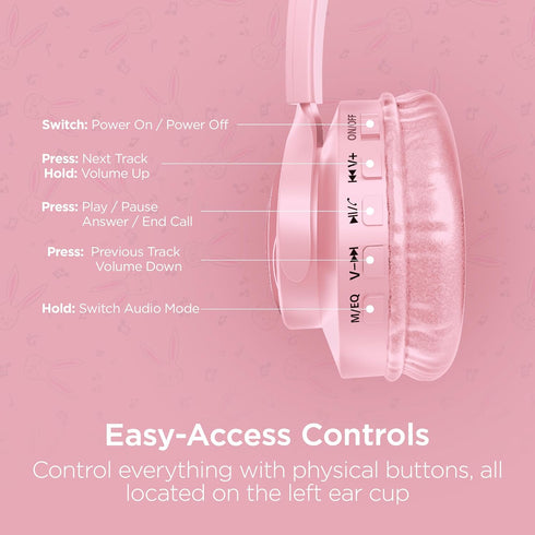 HyperGear Bunny Ears Bluetooth Wireless Headphones - Kids Portable/Foldable LED Light Up Over Ear Headset w/Built-in Mic & Controls for iPhone, iP...
