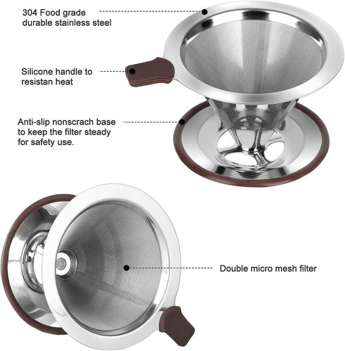 Pour Over Coffee Dripper, Reusable Paperless Coffee Filter,Professional Stainless Steel Drip Cone Brew Coffee Strainer,Upgraded Double Micro Mesh ...