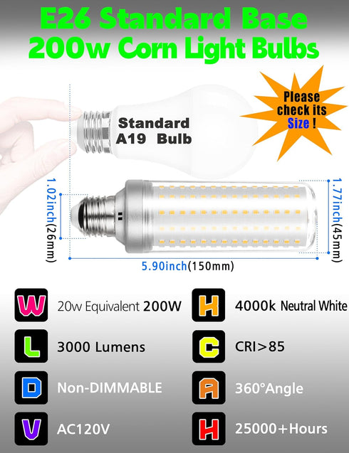 E26 200W Equivalent LED Corn Light Bulb, Non-Dimmable, 3000lm 4000K 20W Natural White Bright High Output, E26/E27 Medium Base for Candelabra, Chan...