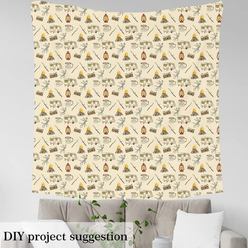 Camping Theme Fabric by The Yard Cartoon Cute Camper Camera Decorative Fabric for Kids Teens Adults Wild Rustic Jungle Adventure Style Fabric for ...