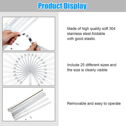 Stainless Steel Feeler Gauge Measuring Tool Dual Marked Metric and Imperial Measuring (0.038-1.02 mm,25 Blades)...