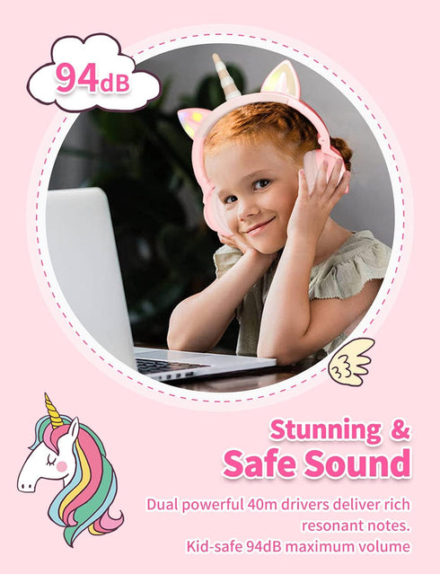 Unicorn Kids Headphones for girls,Unicorn Bluetooth headphones Foldable for Girls Toddlers Tablet/phones/amazon fire,Light Up kids wireless headph...