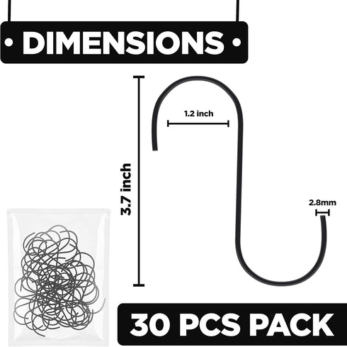 Pack of 30 Black S Hooks for Hanging Clothes Heavy Duty Stainless Steel S Shaped Hooks for Hanging Clothes, Bags, Blankets, Pots, Plants, Garage T...