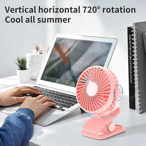 Portable Clip on Fan, 360° Rotate Battery Operated Stroller Fan, 3 Speed Quiet Mini Personal Desk Fan, USB Rechargeable Clooing Fan for Outdoor Ca...