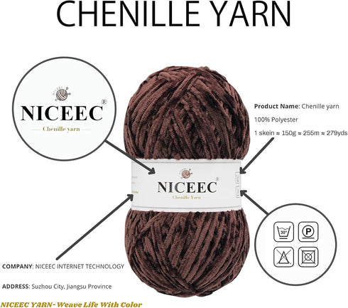 NICEEC 2 Skeins Soft Chenille Yarn Blanket Yarn for Knitting Fancy Yarn for Crochet Weaving DIY Craft Total Length 2×255m (2×279yds, 2×150g)_Coffe...