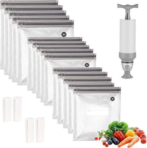 Sous Vide Bags 20pack Reusable Vacuum Food Storage Bags with 3 Sizes Vacuum Food Bags,1 Hand Pump,4 Sealing Clips for Food Storage and Sous Vide C...