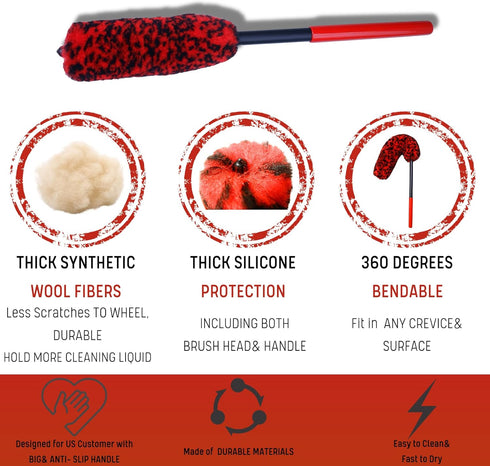 Professional 4 Pack Long Handle Wheel Brush Kit for Cleaning Wheel and Tire- 2X Soft Wheel Cleaning Brush, Detailing Brush and Stiff Tire Brush, B...