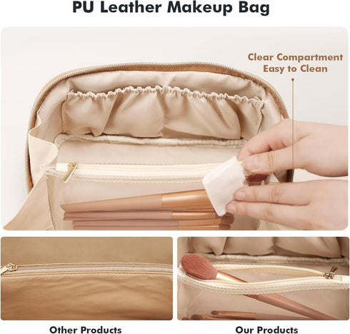 Large Capacity Cosmetic Bag for Women Portable Waterproof PU Leather Makeup Bag Open Flat Makeup Organizer With Clear Divider and Handle(Beige)...