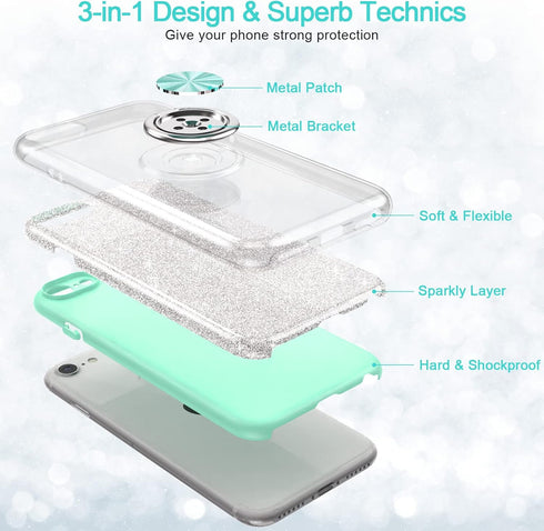Slim Sparkly Case for iPhone SE 2020/SE 3 2022/8/7 with 360 Ring Holder Kickstand, Glitter, Silver...