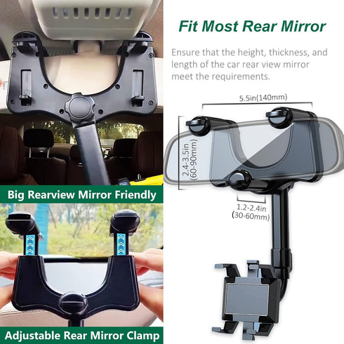 PKYAA Rearview Mirror Phone Holder for Car, 360° Rotating Rear View Mount with Adjustable Arm Length, Multifunctional and GPS Universal Car All Sm...